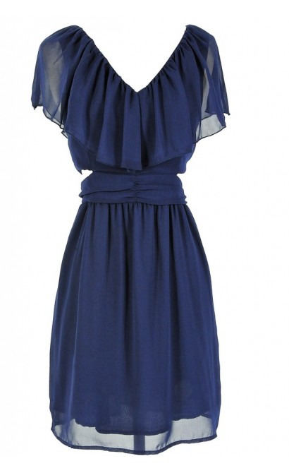 Slit Side Ruffle Dress in Navy